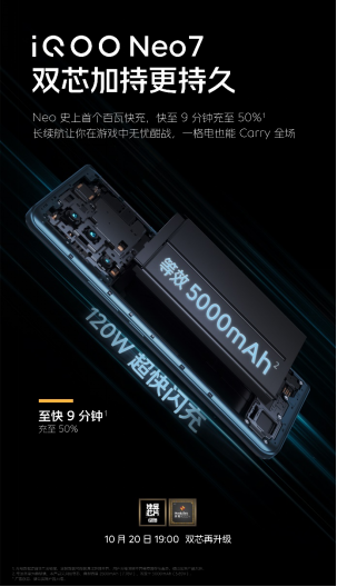iQOO Neo 7将于明日发布：120W 超快闪充+5000mAh超大电池