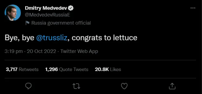 梅德韦杰夫讽刺：特拉斯最快摧毁英国金融系统