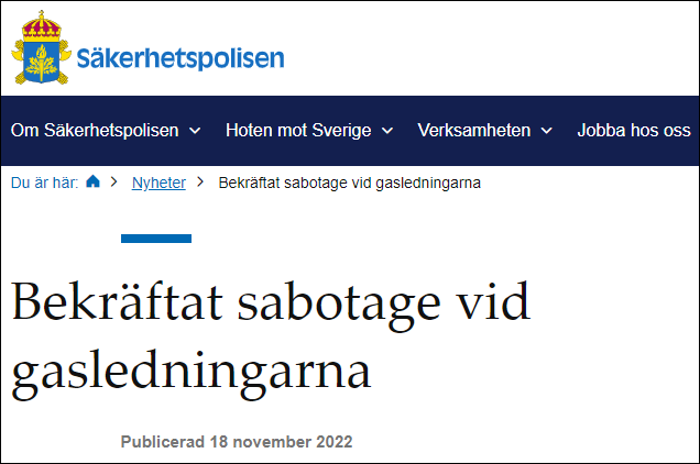 瑞典安全局确认：北溪管道遭人为蓄意破坏